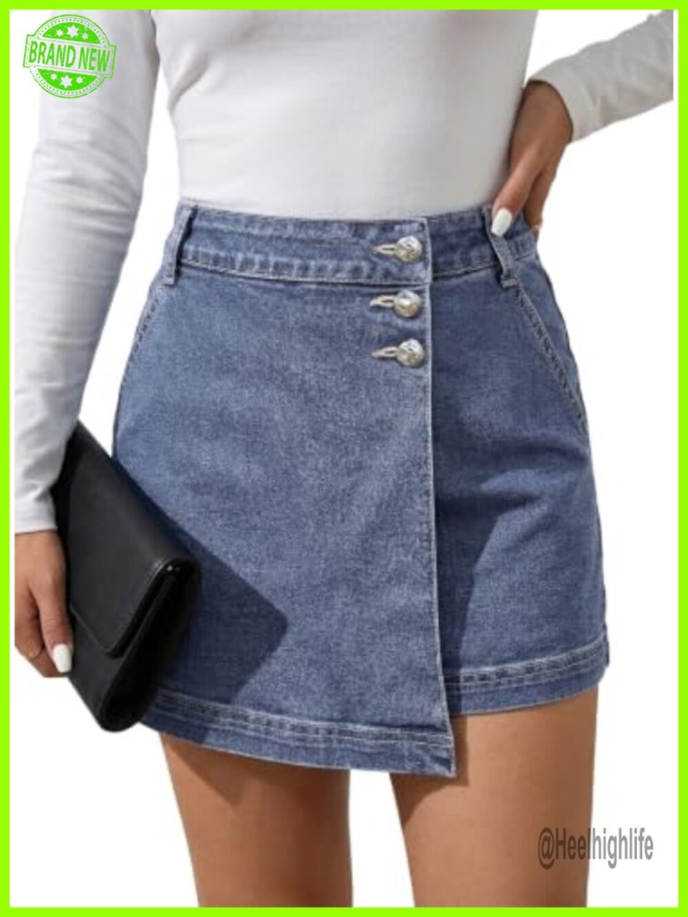 High Waisted Denim Skort Mini Skirt Stretchy Jean Shorts Button Fly